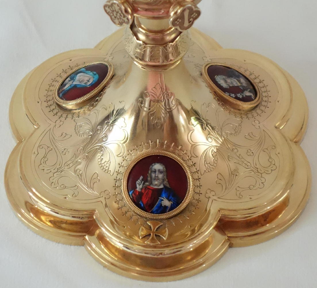 Ref 6266. Antique French Gothic Chalice & Paten with Enamels.